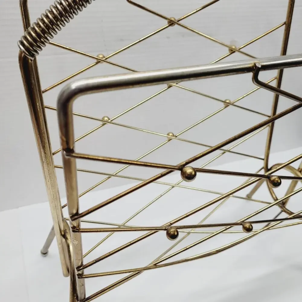 Vtg MCM ATOMIC Diamond Magazine Rack Holder Gold Brass Plate Wire Wrapped Handle